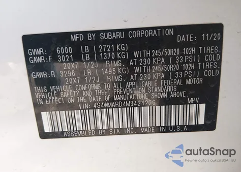 2021 Subaru Ascent Touring z USA, uszkodzony, nr VIN 4S4WMARD4M3424226